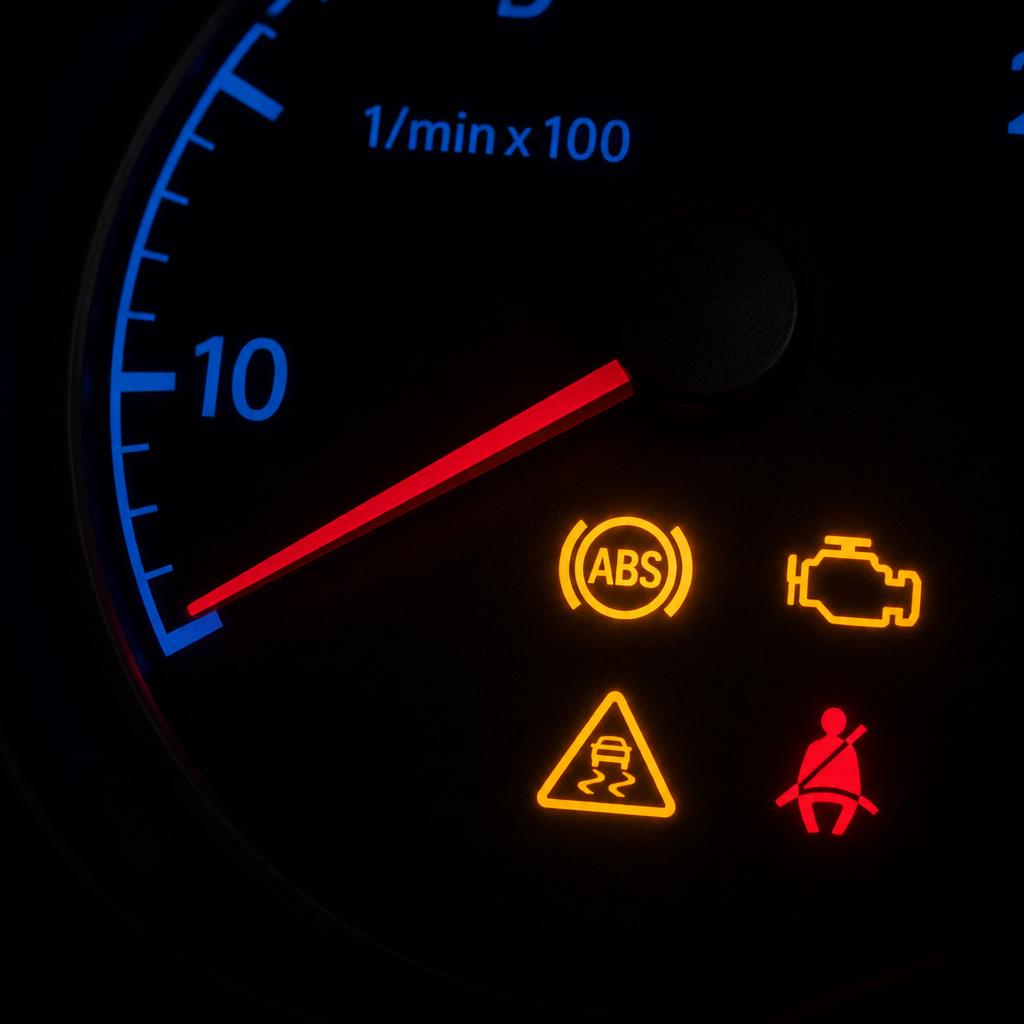 A close-up of a car dashboard showing illuminated ABS, check engine and traction control warning lights