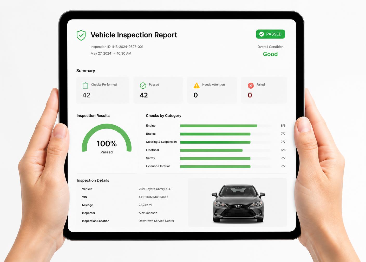 A digital vehicle inspection report shown on a tablet