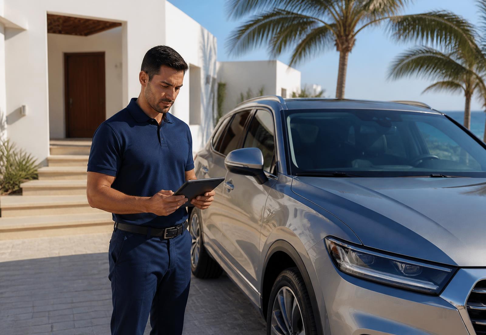 A uniformed mobile diagnostic technician using a tablet beside a modern vehicle outside a Red Sea villa